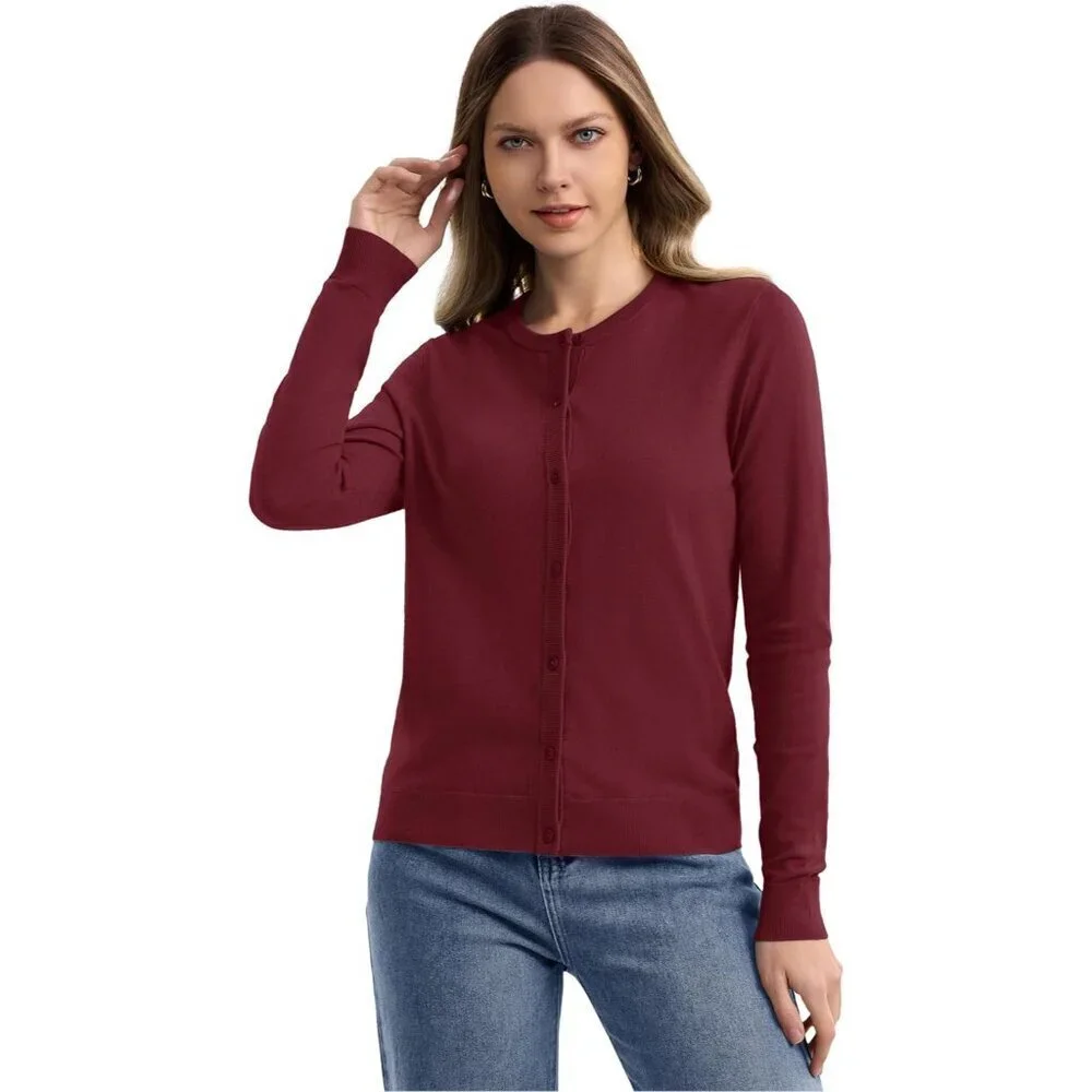Women's Lightweight Knit Cardigan Button Down Crew Neck Long Sleeve Casual